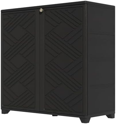 HOMSPARK Indoor/Outdoor Storage Cabinet with Doors and 1 Shelf, 34”x15”x34” HDPE Plastic Storage Box for Bedroom, Bathroom, Living Room, Balcony, Multi-Purpose for Daily Tools, Black