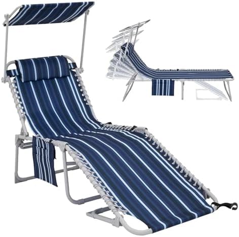 Lounge Folding Sun Lounger Folding Patio Chaise Lounge Chair with Canopy Sun Shade for Outdoor 5-Position Beach Lounger Chair with Pillow and Side Pocket(Khaki)