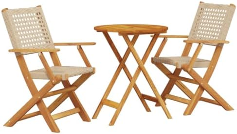 3 Piece Bistro Set Beige Poly Rattan and Solid Wood-Small Table and Chair Set,Table&High Back Chairs,Indoor Outdoor Furniture Set for Garden Deck Balcony Patio Decor