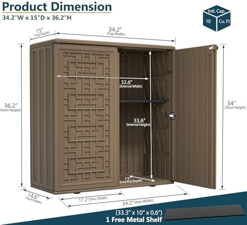 HOMSPARK Storage Shed Weather Resistance, Multi-Purpose Outdoor Storage Cabinet for Backyards and Patios, Horizontal Storage Shed for Lawnmower, Patio Accessories (Coffee $, 10 cu.ft)
