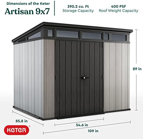 Keter Artisan 8x7 All Season Storage Shed with Clear Windows, Built-in Ventilation, Customizable Walls and Lockable Double Doors, Grey