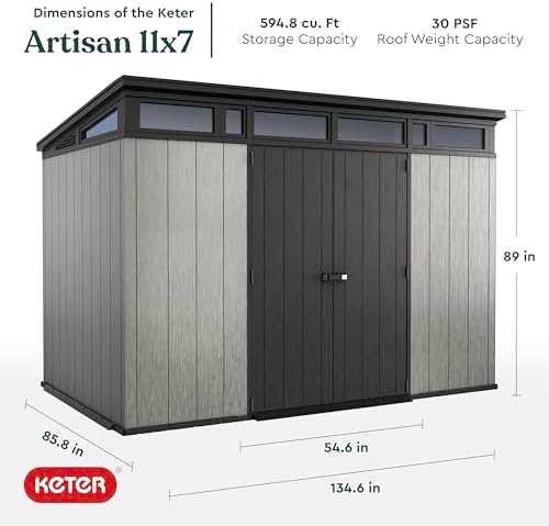 Keter Artisan 11x7 Modern Resin Outdoor Storage Shed Kit-Perfect to Store Patio Furniture, Garden Tools Bike Accessories, Beach Chairs and Lawn Mower, Grey & Black