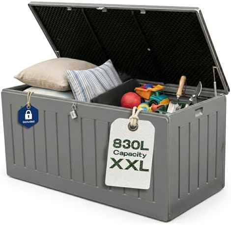 Olsen & Smith 830L Extra-Large Garden Storage Box & Bench Seat – Lockable, Waterproof Outdoor Storage Box with Lid for Cushions, Tools & Toys – Wood Effect Grey, 160 x 78 x 76cm