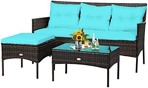 3 PCS Patio Rattan Furniture Set 3-Seat Sofa Cushioned Table Turqouise Suitable for Poolside, Backyard and Garden, Etc
