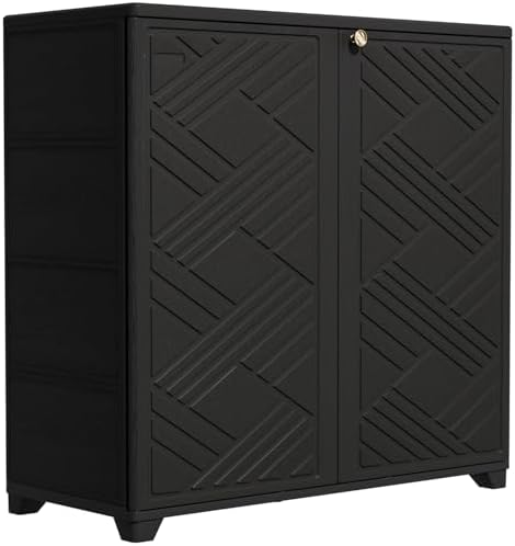 KINYING Outdoor Storage Cabinet Waterproof, 60 Gallon Resin Outdoor Storage Shed for Patio/Garden/Backyard, Outdoor Storage Box for Cushions,Garden Tools and Pool Supplies(Black with 1 Shelving)