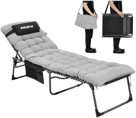 Lounge Folding Sun Lounger Folding Patio Chaise Lounge Chair with Canopy Sun Shade for Outdoor 5-Position Beach Lounger Chair with Pillow and Side Pocket(Khaki)