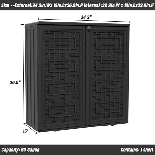 Mrosaa Outdoor Storage Cabinet Waterproof with Shelf,Resin Storage Sheds Outdoor Cabinets for tub towels/chemicals/grill items/Patio/Garden/Backyard, Size 34.3''L*15''W*36.2''H（Black）