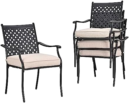 LOKATSE HOME 4 Piece Outdoor Patio Metal Wrought Iron Dining Chair Set with Arms and Seat Cushions - White