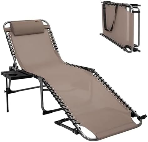 Lounge Folding Sun Lounger Folding Chaise Lounge Chair for Outside Beach, Sunbathing, Patio, Pool, Lawn, Deck, Lay Flat Camping Reclining Lounge(Beige-1 Pack)