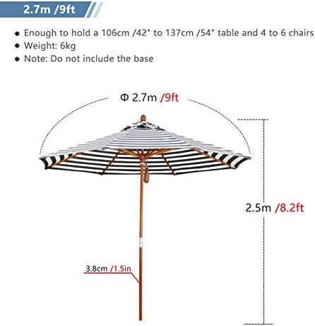 Garden Parasols Stripes Beach Umbrella with Wood Pole, 9ft Patio Garden Parasol, Portable Sun Sunbrella for Outdoor/Backyard/Pool/market (Color : Black)