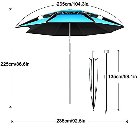 Parasol Umbrella Blue Large Patio Umbrella, Light Fishing Beach Umbrella for Gazebo Busker, Sand Anchor Tilt Mechanism Protective Cover, 7.2ft/7.9ft/8.5ft (Size : 260cm)