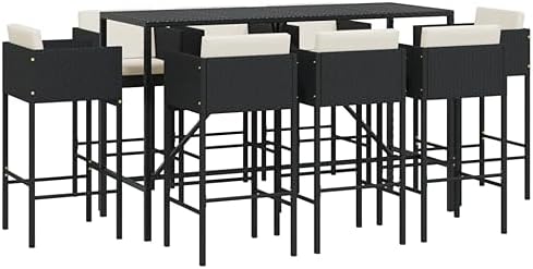 Outdoor Dining Set Bistro Furniture,for Balcony Terrace Poolside,9 Piece Garden Bar Set with Cushions Black Poly Rattan