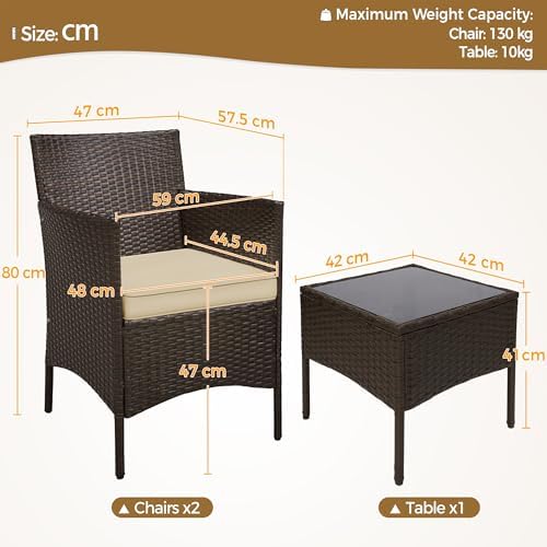 Yaheetech 3-Piece Rattan Garden Set, Outdoor Patio Conversation Furniture, Woven Chairs & 1 Side Table with Cushions for Bistro/Porch/Garden/Deck/Courtyard, Brown/Khaki