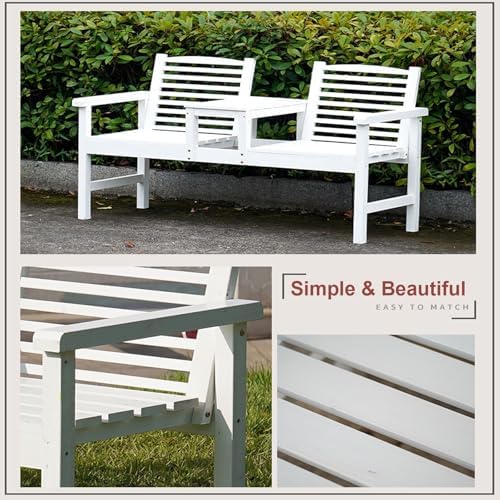 Stylish Outdoor Garden Bench with Backrest & Umbrella Hole, Wood Patio Seating Set, 2-Tier Side Table, Ideal for Porch & Balcony - Elegant White Design