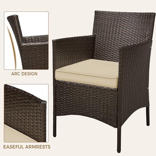 Yaheetech 3-Piece Rattan Garden Set, Outdoor Patio Conversation Furniture, Woven Chairs & 1 Side Table with Cushions for Bistro/Porch/Garden/Deck/Courtyard, Brown/Khaki