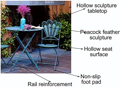 Indoor/Outdoor 3-Piece Peacock Feather Rustic Bistro Set - Metal Folding Round Table and Chair - All Weather Resistant Patio Furniture Set - Light Blue