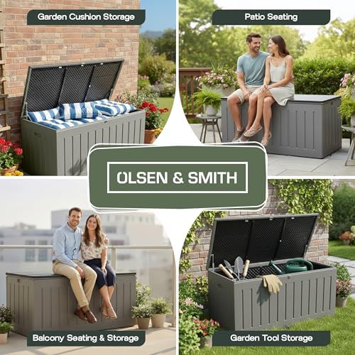 Olsen & Smith 830L Extra-Large Garden Storage Box & Bench Seat – Lockable, Waterproof Outdoor Storage Box with Lid for Cushions, Tools & Toys – Wood Effect Grey, 160 x 78 x 76cm