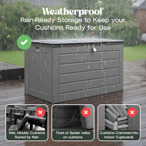 Olsen & Smith 680L XL Outdoor Garden Storage Box, Weatherproof Wood Effect Outdoor Storage Box, Lockable Large Storage Box with Lid, Padlock, Seat, Storage Boxes with Lids, Anthracite, 146 x 71 x 75cm