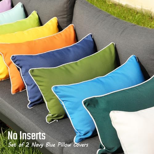 JOJOGOGO Blue Outdoor Waterproof Sun Fade Resistant Lumbar Pillow Covers 12x20 Set of 2, Navy Outdoor Lumbar Pillows Cushion Covers 12 x 20 for Patio Furniture Hammock (with White Piping)