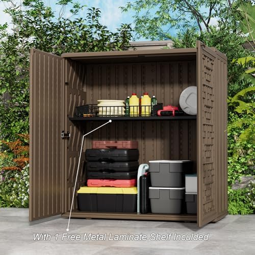 HOMSPARK Storage Shed Weather Resistance, Multi-Purpose Outdoor Storage Cabinet for Backyards and Patios, Horizontal Storage Shed for Lawnmower, Patio Accessories (Coffee $, 10 cu.ft)