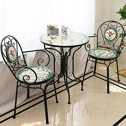European Style Iron Art 3 Piece Bistro Set with Retro Stained Glass Mosaic Flower Pattern - Outdoor/Indoor Furniture Sets Armrest and Backrest Patio Table Chairs for Yard, Garden, Antique Green