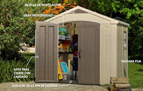 Keter, Factor Outdoor Plastic Garden Storage Shed, elegant wood-effect exterior with double doors and ventilation grills, heavy-duty floor with window and skylight, 255 x 256.5 x 243 cm, Beige