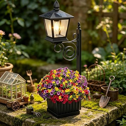 Solar Post Light - 2 in 1 Outdoor Solar Lantern with Flower Pot, Decorative Garden Lanterns for Patio Porch Backyard Lawn Deck Balcony Pathway Apartment, Waterproof LED Lighting for Night Use