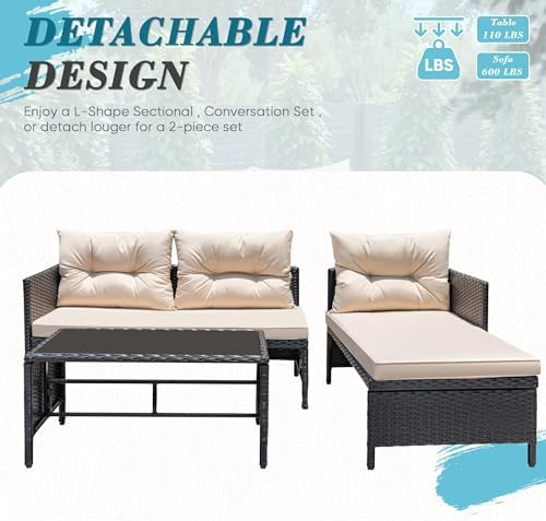 Greesum 3 Piece Patio Furniture Set Outdoor Wicker Rattan Sectional Sofa with Cushions & Coffee Table for Yard, Garden, Porch, Poolside, Light Beige