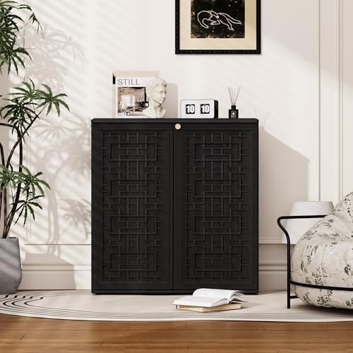 Mrosaa Outdoor Storage Cabinet Waterproof with Shelf,Resin Storage Sheds Outdoor Cabinets for tub towels/chemicals/grill items/Patio/Garden/Backyard, Size 34.3''L*15''W*36.2''H（Black）