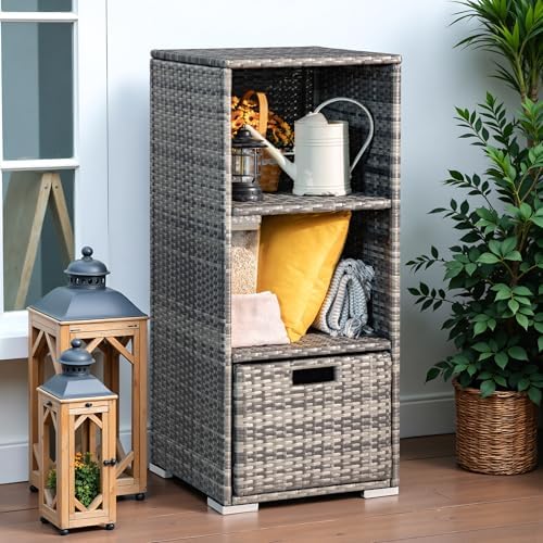Greesum Rattan Storage Shed, Outdoor Towel Rack with 2 Storage Shelves & 1 Bottom Drawer, Suitable for Pool Patio Garden Deck, Grey