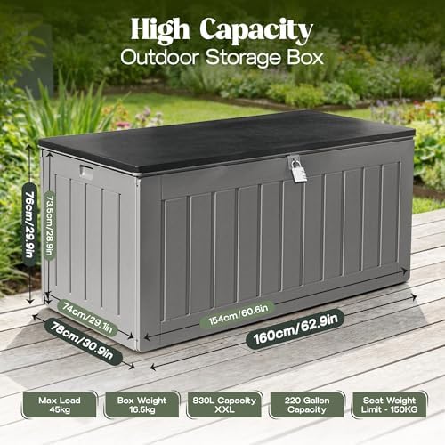 Olsen & Smith 830L Extra-Large Garden Storage Box & Bench Seat – Lockable, Waterproof Outdoor Storage Box with Lid for Cushions, Tools & Toys – Wood Effect Grey, 160 x 78 x 76cm