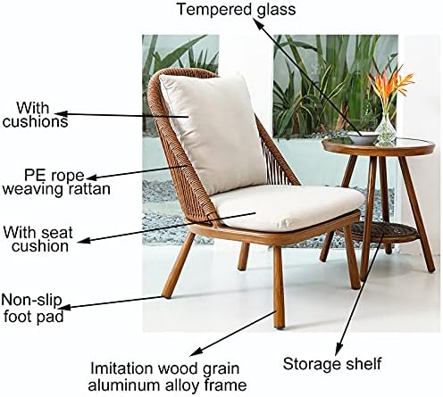 3 Pieces Outdoor Patio Furniture Set - Modern Bistro Set with Coffee Table - Rope Weaving Rattan Conversation Set with Storage Side Table - Balcony Furniture for Garden Balcony Backyard Poolside