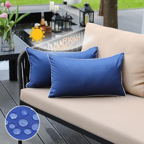 JOJOGOGO Blue Outdoor Waterproof Sun Fade Resistant Lumbar Pillow Covers 12x20 Set of 2, Navy Outdoor Lumbar Pillows Cushion Covers 12 x 20 for Patio Furniture Hammock (with White Piping)
