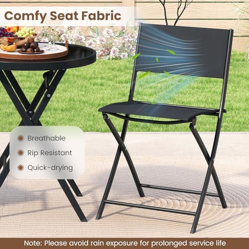 Folding Patio Bistro Set - Tempered Glass Round Table with 2 Fabric Chairs - Metal Frame Garden Dining Furniture for Outdoor Use