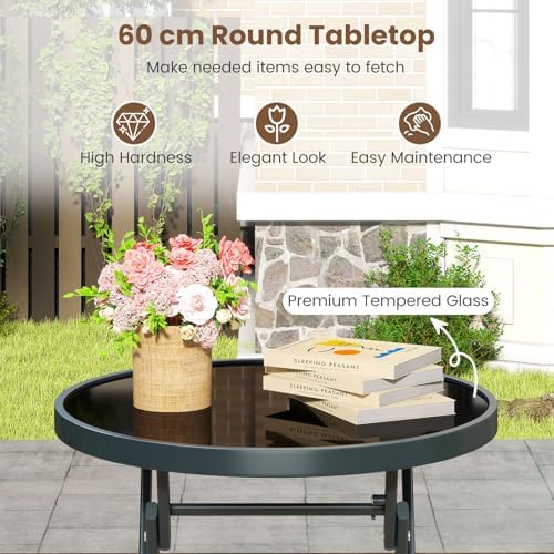 Folding Patio Bistro Set - Tempered Glass Round Table with 2 Fabric Chairs - Metal Frame Garden Dining Furniture for Outdoor Use