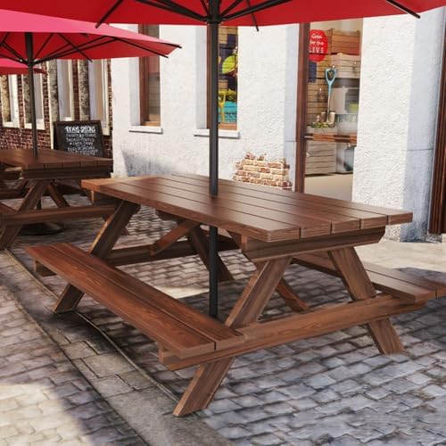 This Outdoor Waterproof Wooden Patio Table & Chair Set, Anti-Corrosion, Sunproof, Imported Solid Wood, Casual Picnic Table for 4-6 Seats, Durable Garden Furniture with Bench