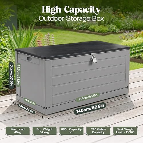 Olsen & Smith 680L XL Outdoor Garden Storage Box, Weatherproof Wood Effect Outdoor Storage Box, Lockable Large Storage Box with Lid, Padlock, Seat, Storage Boxes with Lids, Anthracite, 146 x 71 x 75cm