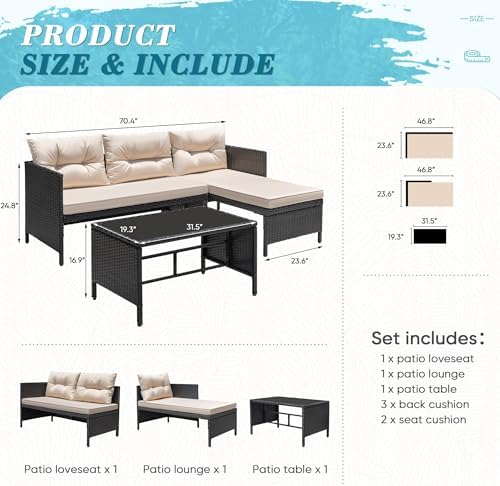 Greesum 3 Piece Patio Furniture Set Outdoor Wicker Rattan Sectional Sofa with Cushions & Coffee Table for Yard, Garden, Porch, Poolside, Light Beige