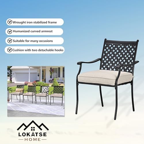 LOKATSE HOME 4 Piece Outdoor Patio Metal Wrought Iron Dining Chair Set with Arms and Seat Cushions - White