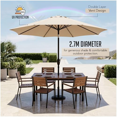 SG 2.7m Garden Parasol Umbrella Sun Shade Water Repellent Polyester UV 30+180 GSM Umbrella Easy To Open And Close Crank Handle And Tilt Waterproof UV Protection Parasol For Outdoor Beach