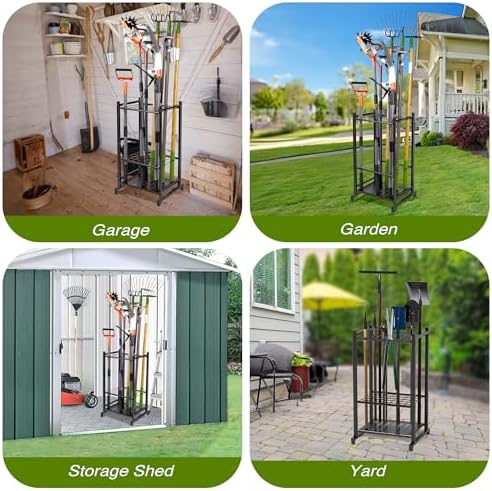 Sttoraboks Garden Tool Organiser, Yard Tool Tower Rack for Garage Organisation and Storage, up to 35 Long Handled Tools, Heavy Duty Steel Garden Tool Stand for Shed, Outdoor, Black