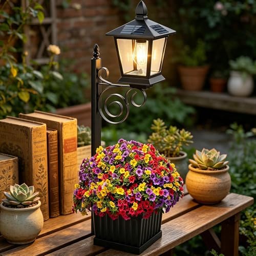 Solar Post Light - 2 in 1 Outdoor Solar Lantern with Flower Pot, Decorative Garden Lanterns for Patio Porch Backyard Lawn Deck Balcony Pathway Apartment, Waterproof LED Lighting for Night Use