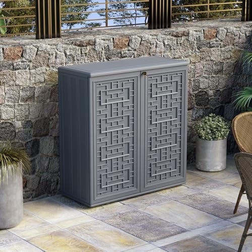 Mrosaa Indoor Outdoor Storage Cabinet Waterproof with Shelf,Plastic Storage Sheds Outdoor Cabinets for Patio/Garden/Backyard, Size 34.3''L*15''W*36.2''H（Gray）