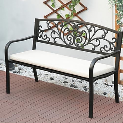 This Waterproof Metal Garden Bench with Cushions, 3-Seater Outdoor Furniture for Terrace, Balcony, Patio, Stylish Black Seating for Indoor/Outdoor Use