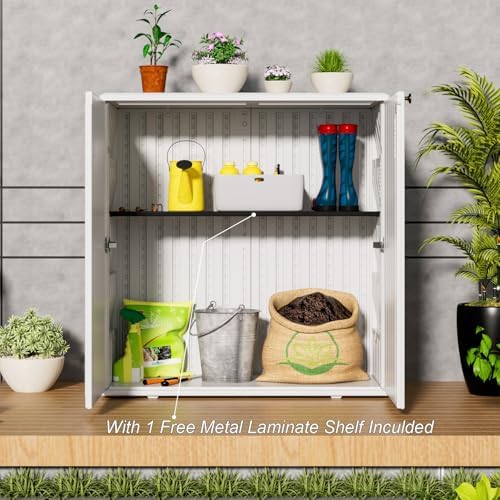 HOMSPARK Medium Resin Storage Cabinet Waterproof, 60-Gallon Indoor & Outdoor Deck Box for Garden Tools, kitchen Accessories, with 2 Laminate Shelves, (34 in. L x 15 in. W x 36 in. H, Light Beige)