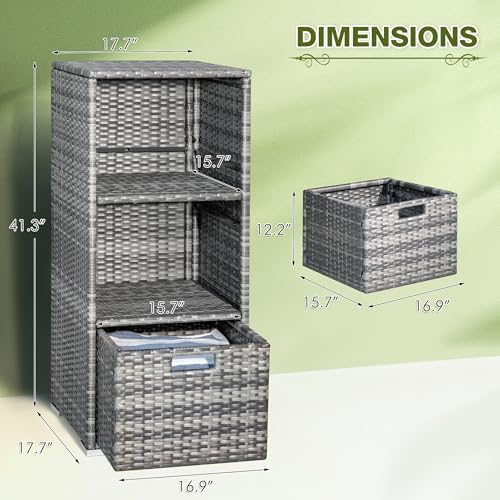Greesum Rattan Storage Shed, Outdoor Towel Rack with 2 Storage Shelves & 1 Bottom Drawer, Suitable for Pool Patio Garden Deck, Grey