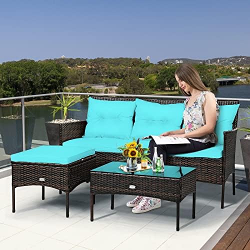 3 PCS Patio Rattan Furniture Set 3-Seat Sofa Cushioned Table Turqouise Suitable for Poolside, Backyard and Garden, Etc