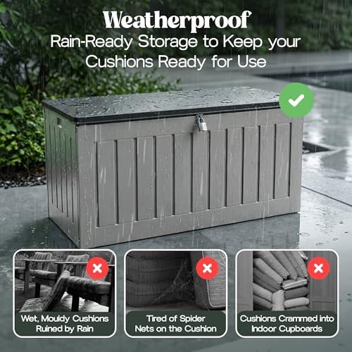 Olsen & Smith 830L Garden Cushion Storage Box & Bench – Waterproof Outdoor Storage for Patio Furniture Cushions, Seat Pads & Garden Throws – Wood Effect Grey, 160 x 78 x 76cm
