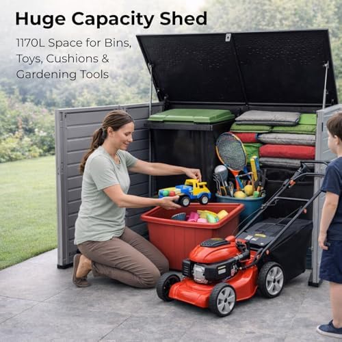 Olsen & Smith Wheelie Bin Storage Shed 1170L Extra Large XL Outdoor Garden Storage Boxes with Padlock - Plastic Shed Box Cabinet Cupboard - for 2x 230L Bins, Garden Tools, Bike Storage, Toys & More