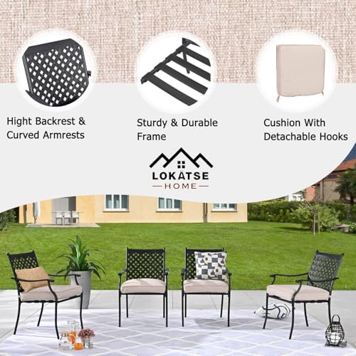 LOKATSE HOME 4 Piece Outdoor Patio Metal Wrought Iron Dining Chair Set with Arms and Seat Cushions - White
